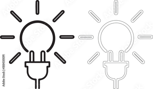Black and white light bulb and plug icons with plant growth