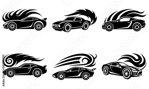 Racing cars in motion, showcasing various speeds and designs, depicted in sleek illustrations from different viewpoints.