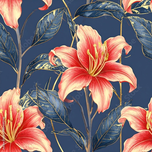 Vibrant Tropical Floral Pattern with Red Lilies on Deep Blue Background for Fabric and Wallpaper Design