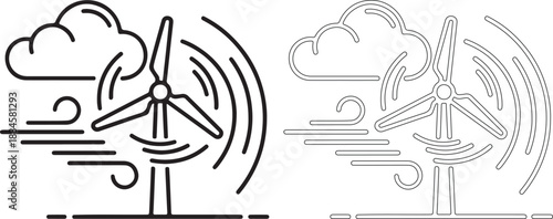 Black and white line art illustration of wind turbines with clouds and swirling lines