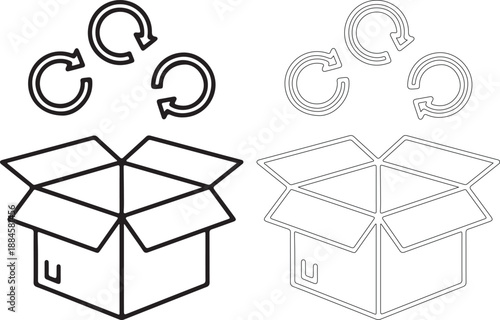 Vector illustrations of cardboard box with recycling arrows in black and white