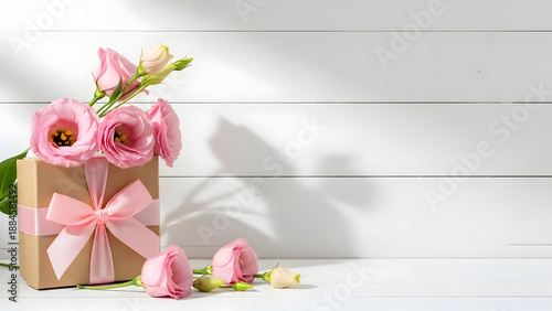 Pink tulips in a gift box on white background