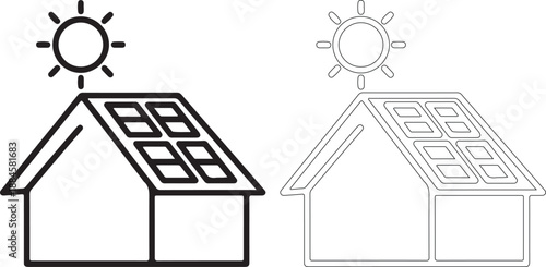 Black and white line art of house with solar panels and sun