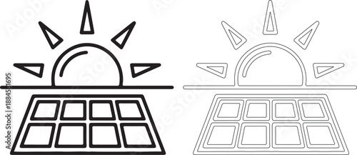 Black and white line art of solar panel with sun rays