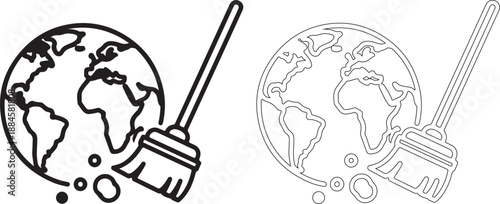 Vector icons of a globe with a broom and dustpan