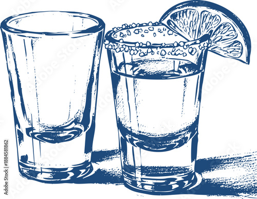 Two shot glasses vector drawing illustration one with lime and salt rim