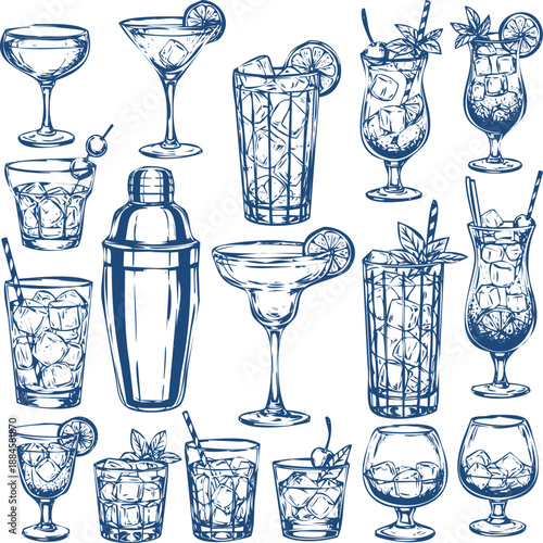 Variety of alcoholic cocktail drinks and shakers for party vector illustration