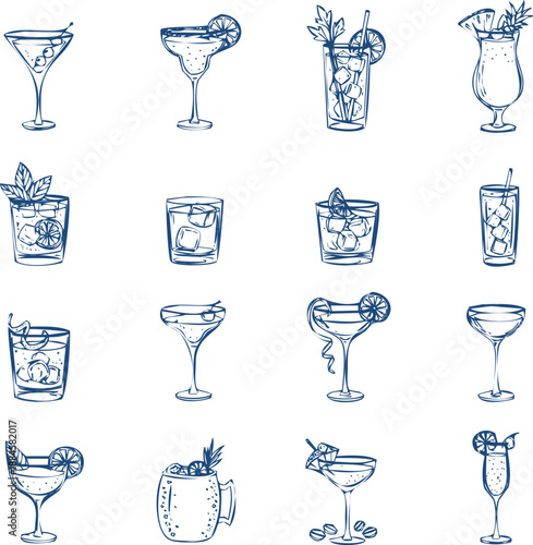 Collection of assorted cocktail glasses with drinks and garnishes