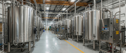 Modern industrial brewery with large stainless steel fermentation tanks in a clean production facility