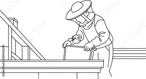 Beekeeper handling hive frame line art illustration