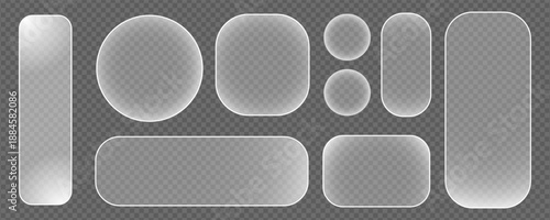 Realistic transparent glass buttons and panels with glowing outline, liquid glass UI elements for futuristic dashboard interface, rounded glass cards and modern control widgets for mobile and web app