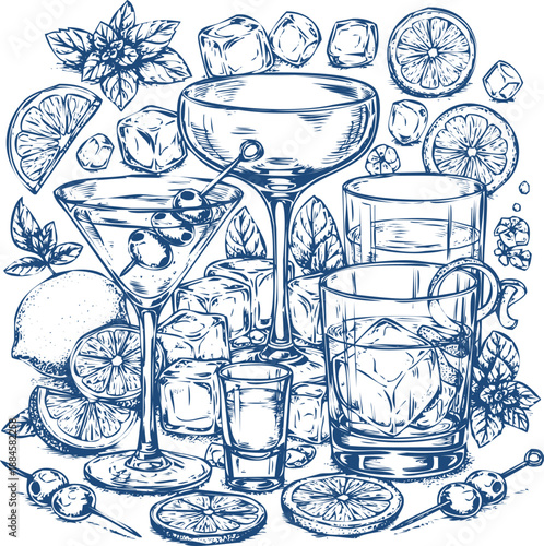 Set of alcoholic drinks cocktail glasses for party vector illustration