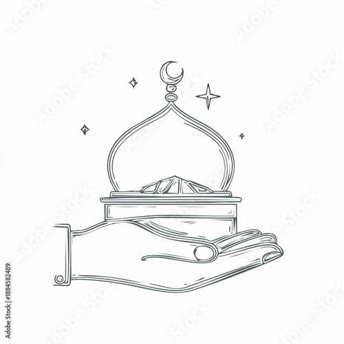 A serene illustration of a hand holding a mosque dome with crescent and star above, symbolizing peace and spirituality