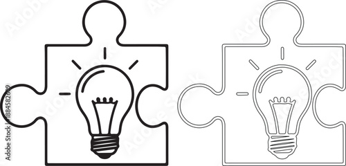 Black and white puzzle pieces with light bulb illustrations side by side