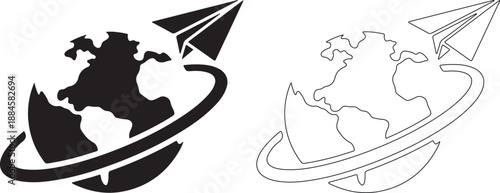 Vector illustration of globe with rocket in black and white