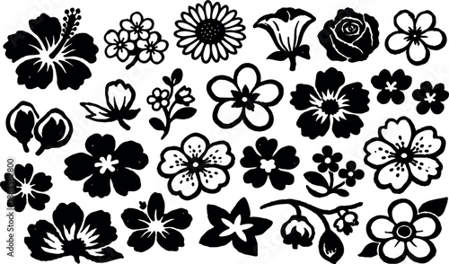 Silhouette floral vector with black stencil flowers arranged in rows close up flat design blossom icons various shapes simple decorative