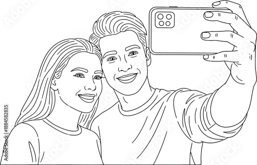 Happy young couple smiling widely while taking a close up black and white line art selfie together using a modern smartphone held out at arm's length for a fun memory capture illustration