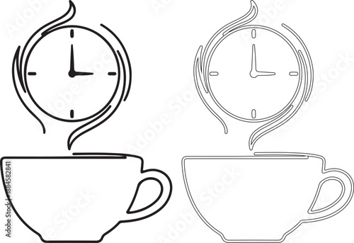 Black and white coffee cup and clock icons with steam
