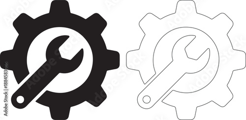 Black and white illustration of gear and wrench icons side by side