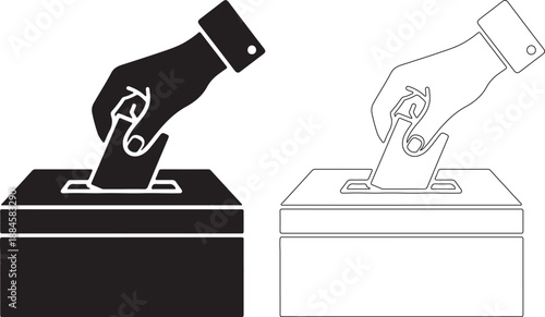 Black and white illustrations of hands putting ballot into box