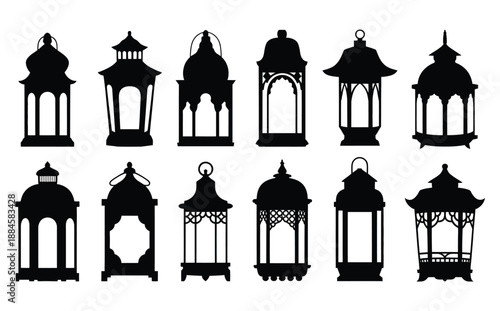 A collection of intricately designed black silhouettes depicting various traditional middle eastern and Islamic lanterns showcasing ornate details and elegant shapes high-quality.
