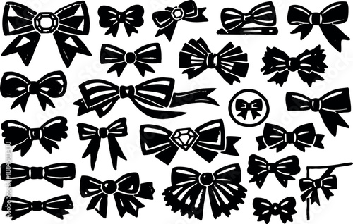Hand drawn bow silhouette sheet showing assorted decorative ribbon bows in close up top view black ink vector art isolated