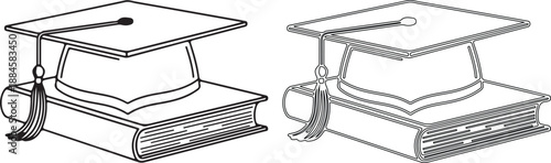 Black and white illustration of graduation cap on books with clock