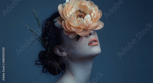 Woman with a large peach flower covering her eyes, ethereal and melancholic