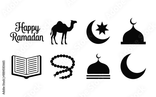 A collection of Islamic symbols including a crescent moon a camel a mosque a book and prayer beads with the text happy Ramadan.