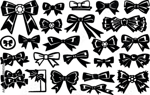 Flat design assorted black bow silhouettes close up sheet showing varied ribbon shapes and angles on white background ornamental vector set