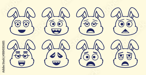 Cute Bunny Emoji Faces Set – Cartoon Rabbit Expressions Vector Illustration | Funny Rabbit Emoticon Pack – Eight Easter Bunny Facial Expressions Icons | Emojis