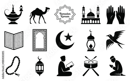 A collection of Islamic symbols including a crescent moon mosque camel lantern prayer rug and traditional elements representing Ramadan Kareem celebrations high-quality.