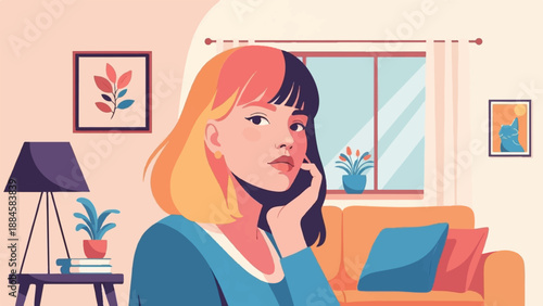 Portrait of a young woman with split-colored hair indoors, art