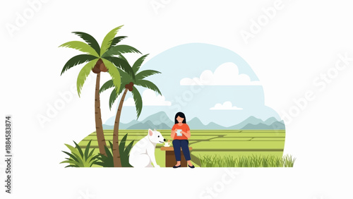 Serene countryside scene with a woman and dog under palm trees