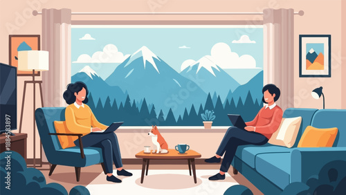 Two people work on laptops in a living room with a mountain view