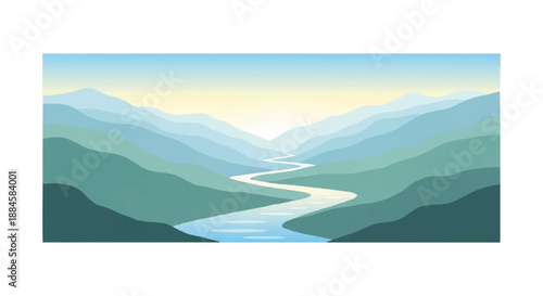 Serene river valley illustration with rolling hills and mountains under a clear sky at sunrise or sunset.