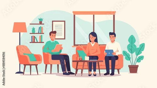 Three people conversing in a cozy living room