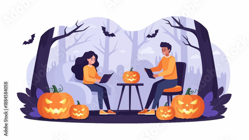 Two people reading books surrounded by carved pumpkins and bats