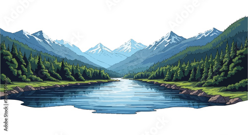 Serene river valley illustration with snow-capped mountains and lush greenery in a tranquil landscape