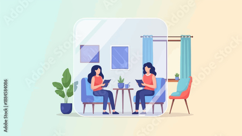 Two women in a bright room, each reading a tablet while seated