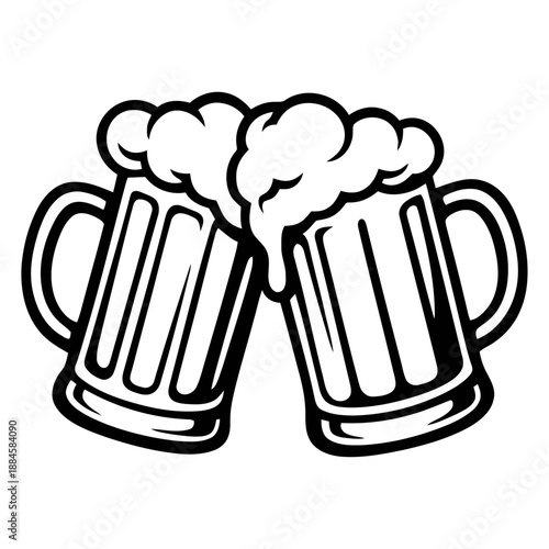 A cheerful toast with two frothy beer mugs clinking together in celebration