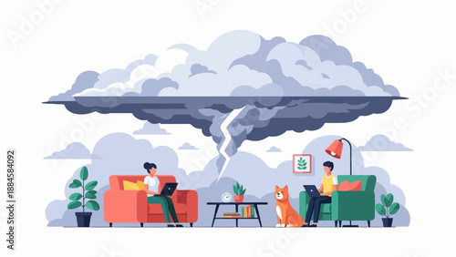 People working from home during a thunderstorm with lightning