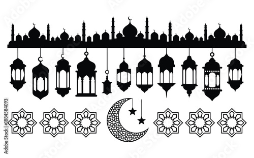 A striking silhouette illustration showcases iconic Islamic architectural elements including mosques lanterns a crescent moon and intricate star patterns creating a festive atmosphere.