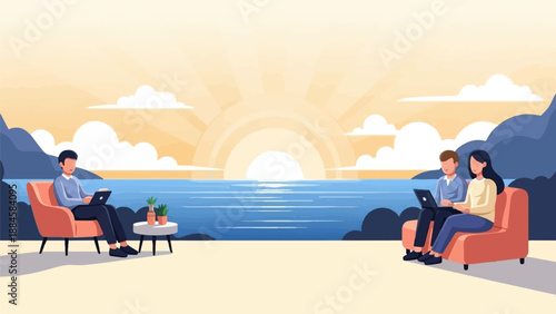 People working on laptops by the sea at sunrise