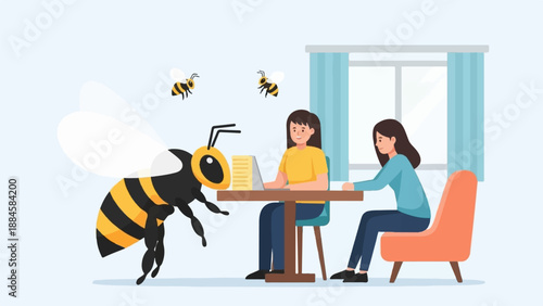 Two women work on laptops as large and small bees fly nearby
