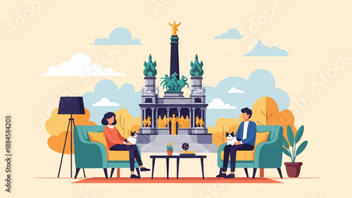 People relax with cats in armchairs before a monument