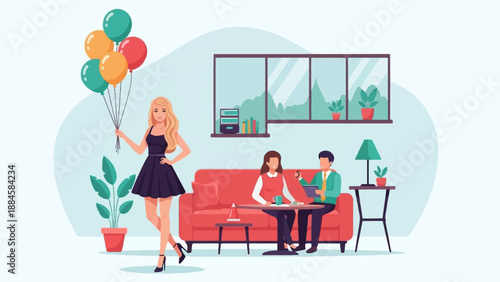 Stylish woman with balloons enters a room where a couple sits on a sofa