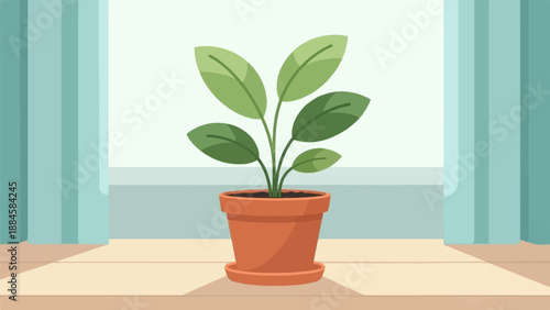 Simple potted plant with green leaves on windowsill, pastel colors, minimalist style