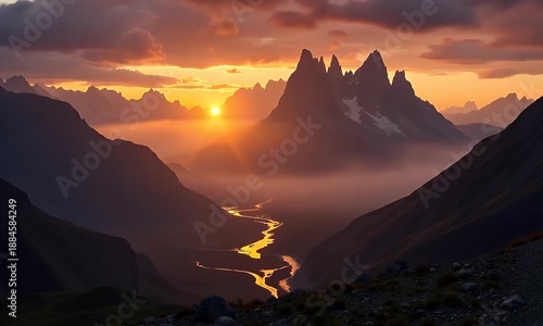 Majestic mountain range illuminated by a vibrant sunset, reflecting golden hues on a winding river