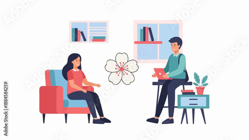 Two people in a minimalist room, one on a chair with a laptop, another on a stool